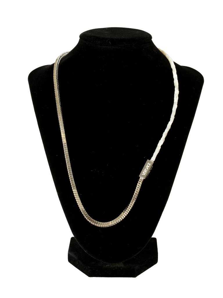 Versace Silver Color Metal & Mother Of Pearl Beads Logo Engraved Necklace